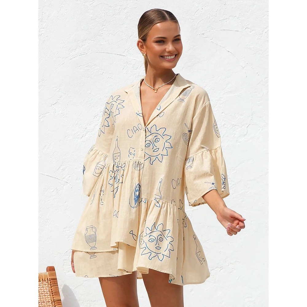Commense‎ Italy Print Mini Dress Cream Blue Tiered Babydoll Ruffle Sleeve M